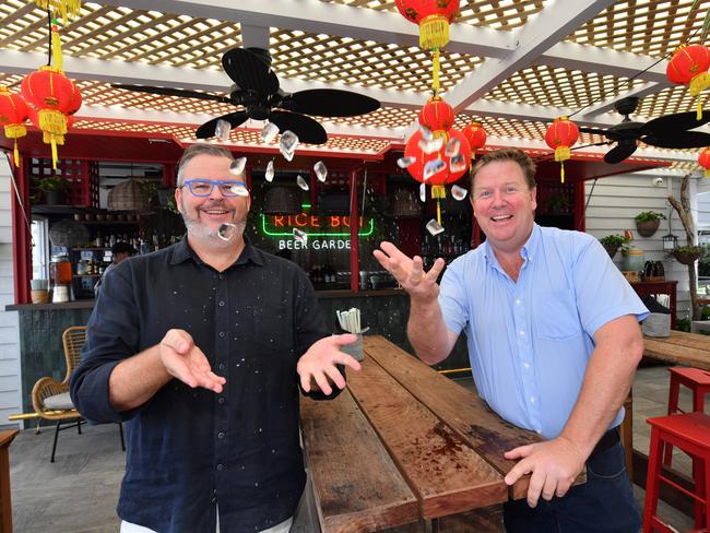 Tony Kelly and Dirk Long at Rice Boi Mooloolaba, which has proved a mega hit with Sunshine Coast diners. Picture: John McCutcheon