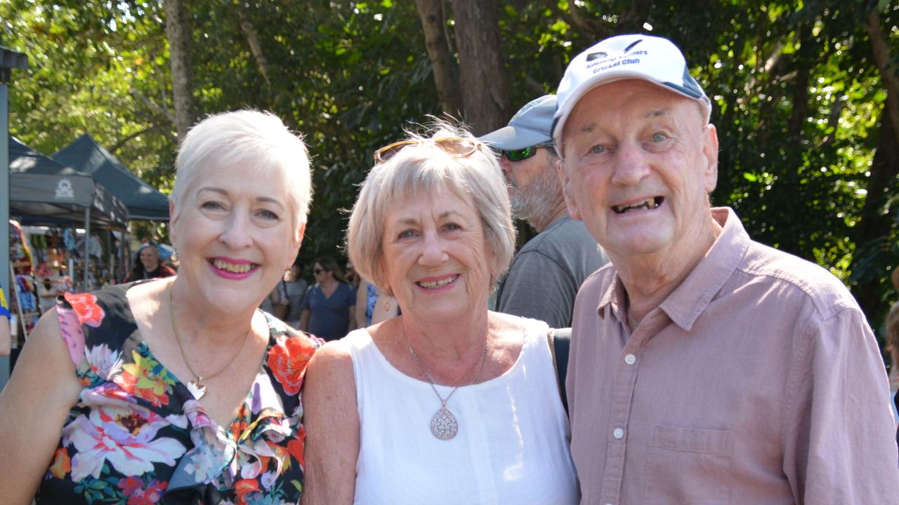 Festival of the Knob MC for 17 years, Jayne Johnston, with Janet Booth and Michael Booth at the 2024 Festival of the Knob at Yorkeys Knob on the northern beaches of Cairns. Picture: Bronwyn Farr