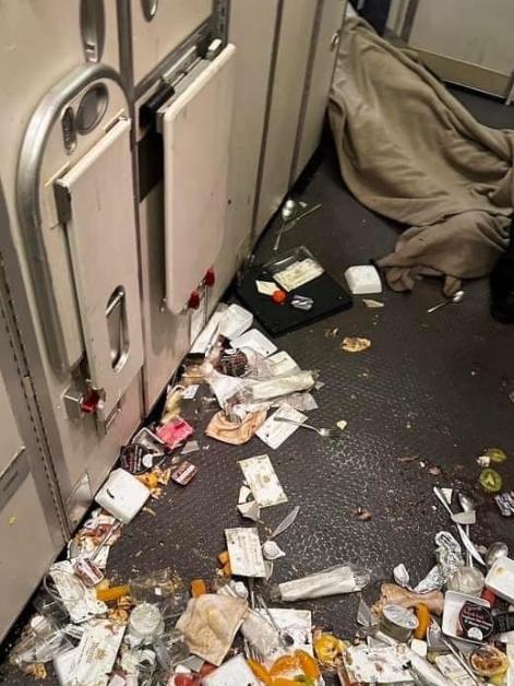 Images showed food and cutlery strewn across the galley kitchen of the Boeing plane. Picture: Twitter