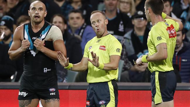 Umpire Ray Chamberlain made his presence known during the qualifying final between Port Adelaide and Geelong. Picture: Ryan Pierse/Getty Images