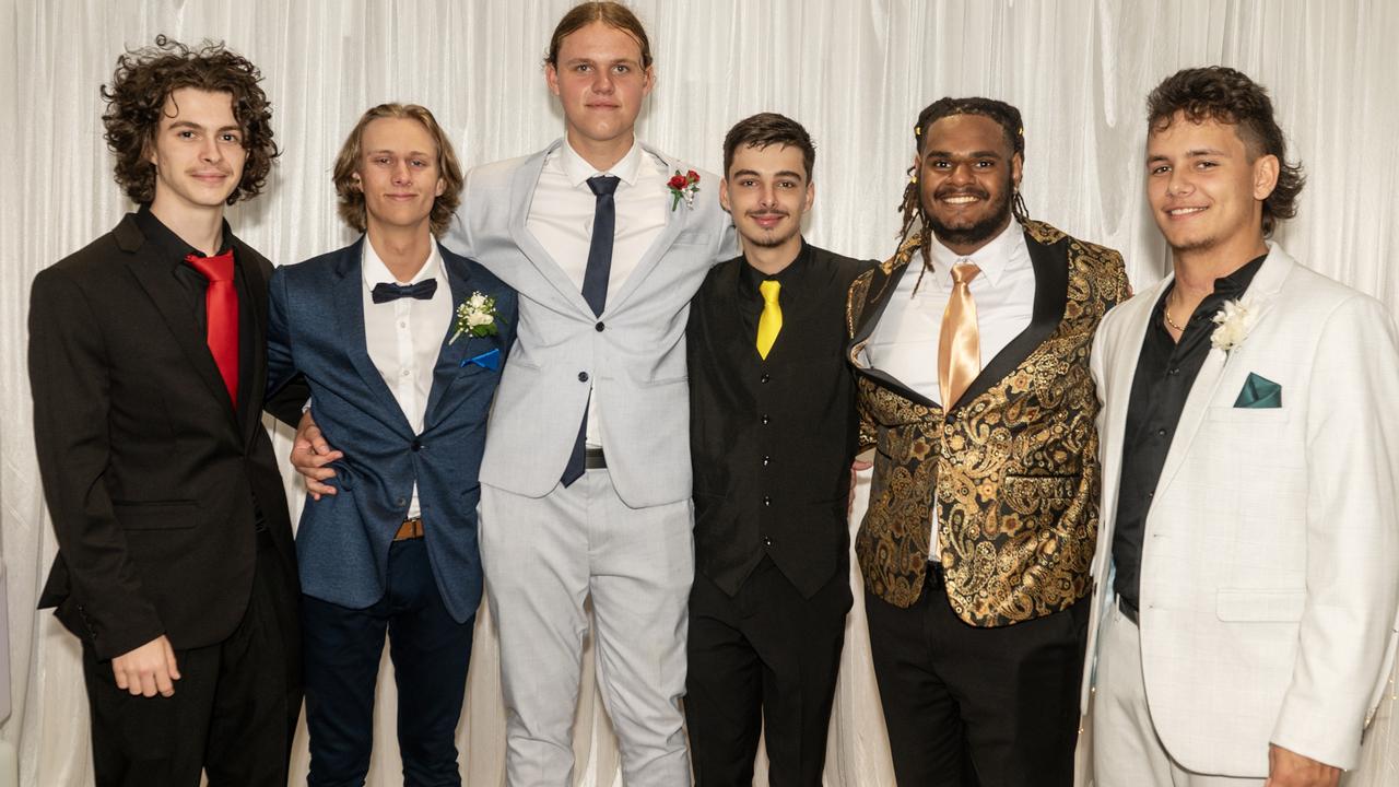 Noah Johnson, Mackenzie Rasmussen, Tyler Matthews, Jacob Carr, Peter Tapau and Aiden McCowan at Sarina State High School Year 12 Formal Wednesday 16 November 2022. Picture: Michaela Harlow