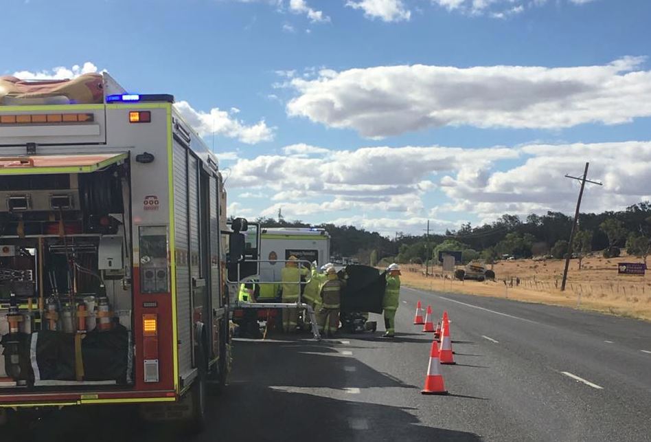 Emergency services at the scene of the incident where a Laidley Heights woman, 60, was impaled by a metal rod on the Warrego Highway east of Oakey. Picture: Win News Toowoomba