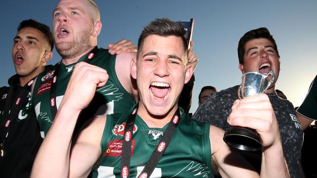 Airport West players celebrate win in the EDFL Division 1 grand final match between Airport West and Tullamarine played at Windy Hill in Essendon on  Saturday 8th September, 2018.