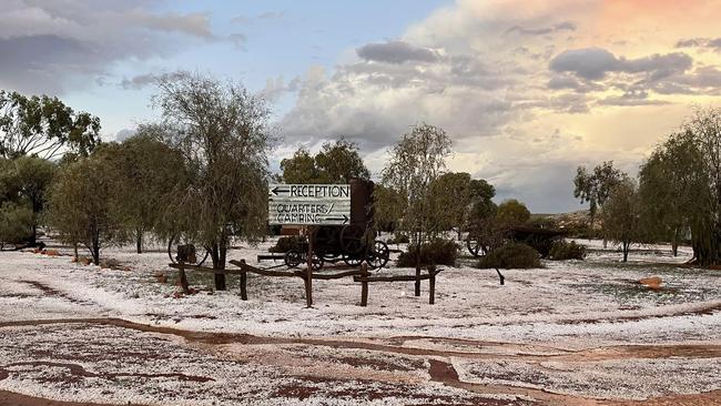 Hail and frost cover the ground at Mount Ive station, about five hours’ drive from Adelaide in the Gawler Ranges.