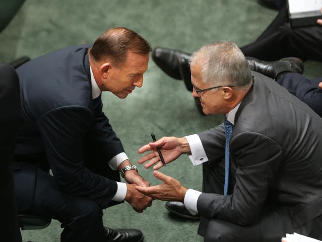 Tony Abbott, then-prime minister, listens to Malcolm Turnbull during Question Time. Picture: Gary Ramage