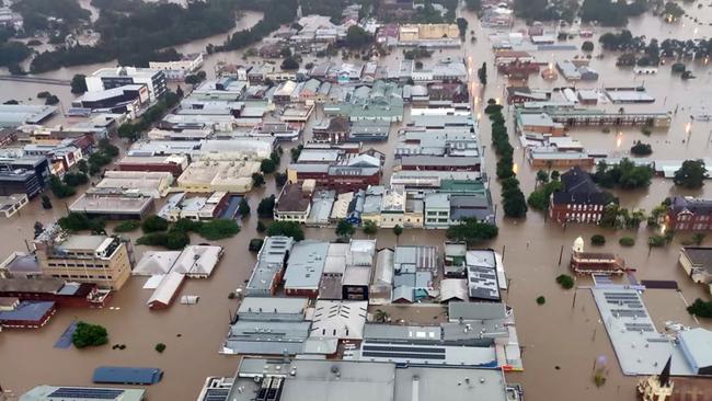 An aerial image of Lismore in northern NSW shows extensive flooding as the region experiences the worst floods in a century. Picture: NCA NewsWire