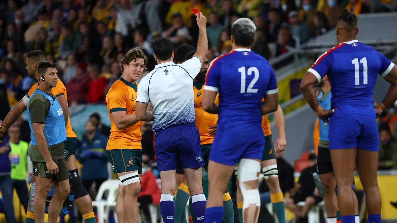 The referee gives a red to Australia's Marika Koroibete. Picture: Patrick Hamilton