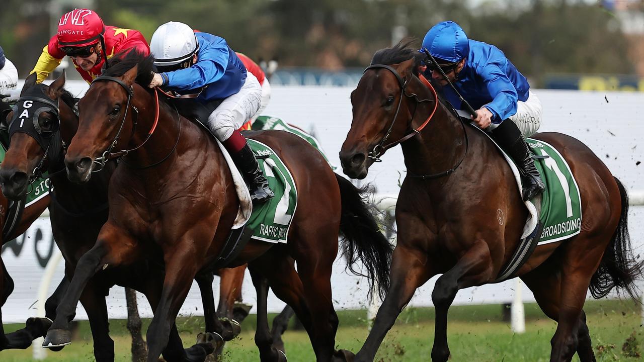 Broadsiding (right) and James McDonald charge home to win the Group 1 Golden Rose from stablemate Traffic Warden at Rosehill. Picture: Getty Images