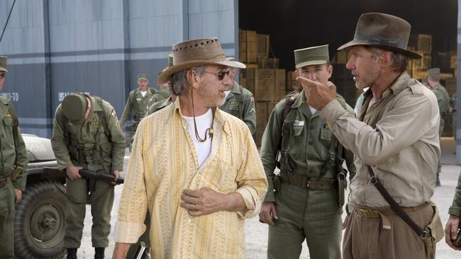 Steven Spielberg and Harrison Ford on the set of the fourth Indiana Jones film.