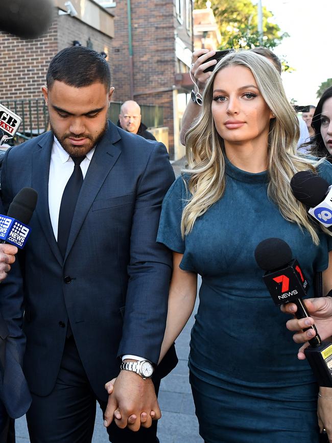 Manly Sea Eagles NRL player Dylan Walker and partner Alexandra Ivkovic leave Manly Court. Picture: AAP