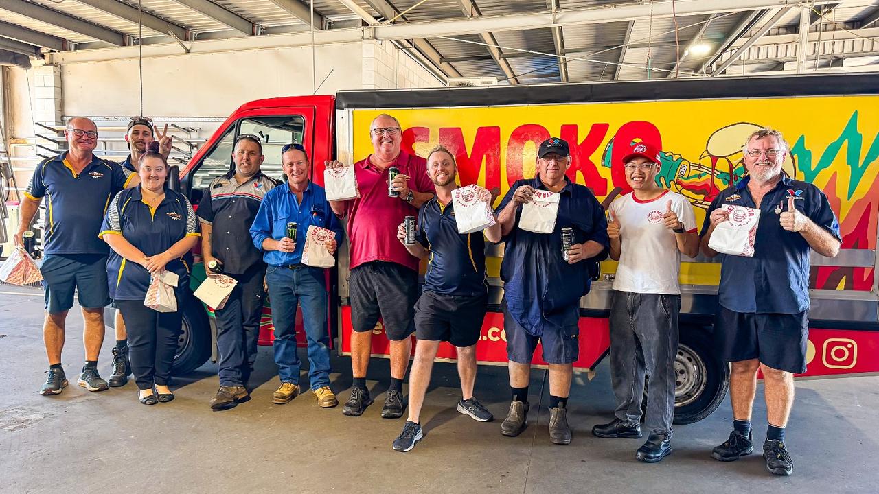 The staff at Bob Parkes Automotive were celebrating after receiving a visit from Getta Betta's Smoko Smash van. Picture: Supplied.