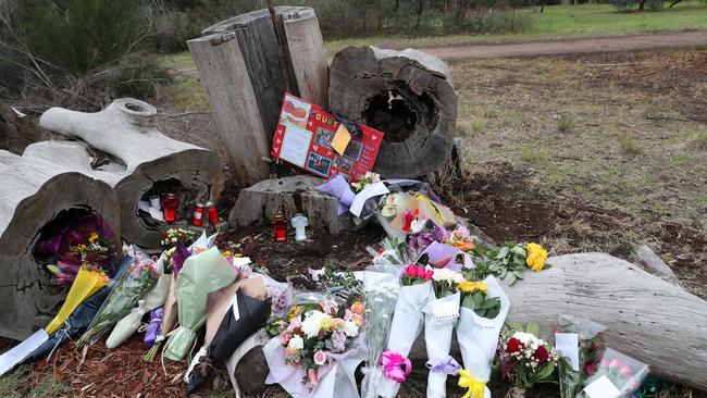 A makeshift memorial for Courtney Herron was erected this week after her body was found in Royal Park, Melbourne. Picture: AAP/David Crosling