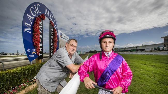 Rockhampton horse trainer John Wigginton and jockey Nigel Seymour, who teamed up with Magic Millions 2YO Classic contender Better Reflection at the Gold Coast Turf Club. Picture: NIGEL HALLETT