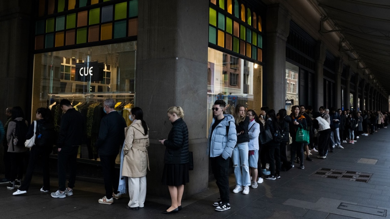 Lines for the Sydney Lune Croissanterie pop-up were around the block even before it opened on Friday. Picture: Nine / Louise Kennerley