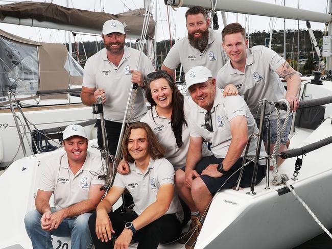 At front Mark Bayles and Theo Somssich. Back L-R Ty Dobie, Sam Dobie, Dave MacGill, Andrew Sinclair, Joe Kowaluk. Kraken 42S crew are ready to go for the Launceston to Hobart. Picture: NIKKI DAVIS-JONES