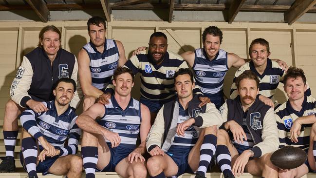 Geelong players Tom Stewart, Jeremy Cameron, Esava Ratugolea, Isaac Smith, Tom Atkins and (front row) Brad Close, Jed Bews, Sam Simpson, Tom Stewart, Patrick Dangerfield get into the retro spirit. Picture: Graham Denholm/AFL Photos