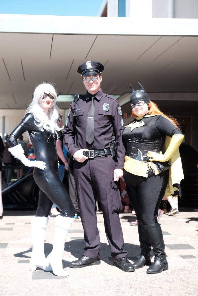 Enjoying the atmosphere at TooCon were Black Cat (Danielle Napier), Officer Pakowski (Lachlan Flanagan) and Batgirl (Jazmin Fuller). At TooCon Pop Culture Festival at the Toowoomba City Library. 020917. Picture: Matthew Newton