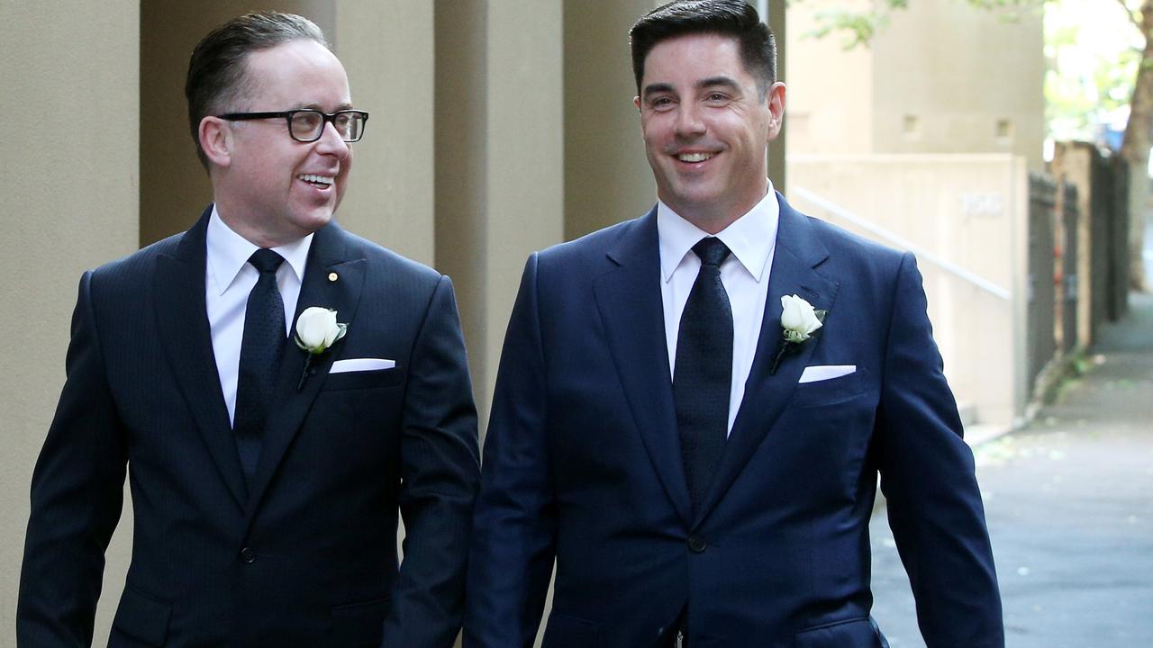 Qantas CEO Alan Joyce and Shane Lloyd on their way to their wedding ceremony on November 2, 2019. Picture: Lisa Maree Williams/Getty Images