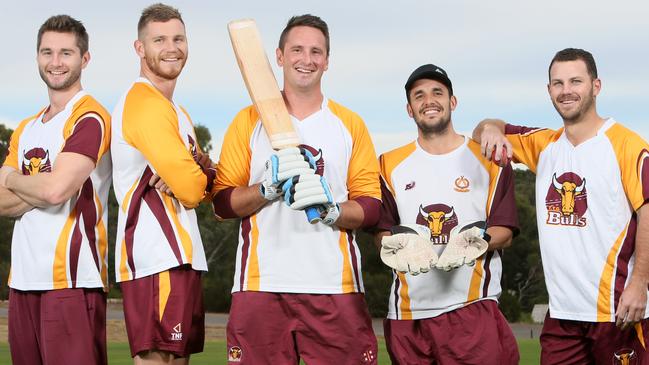 Tea Tree Gully Cricket Club veterans (from left) Tim and Brad Evans, Matt Weaver, Tim Davey and Adam Somerfield before the 2019/2020 season started. Picture: AAP/Emma Brasier