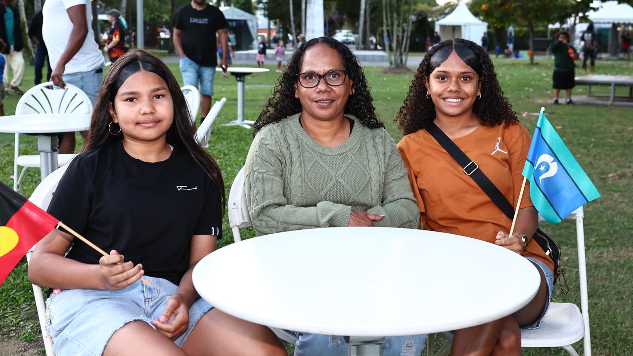 Asheera Riley, 11, Jasmin Riley and Aylah Riley, 13, at the 17th Big Talk One Fire festival, held at Munro Martin Parklands. Picture: Brendan Radke