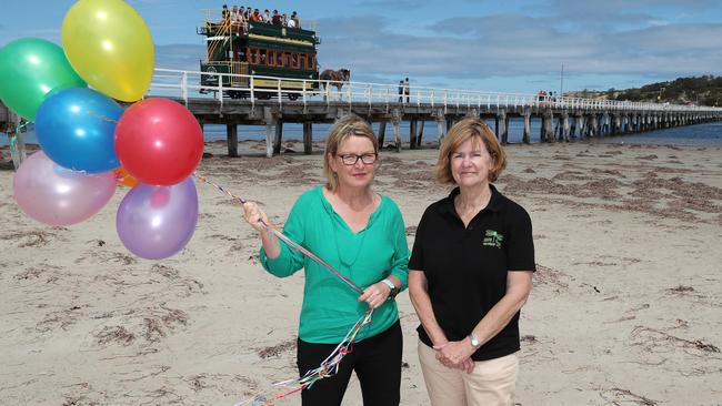 Councillor Moira Jenkins and South Coast Environment Centre co-ordinator Gayl Males are both in favour of Victor Harbor Council banning gas-filled balloons. Picture: Dylan Coker