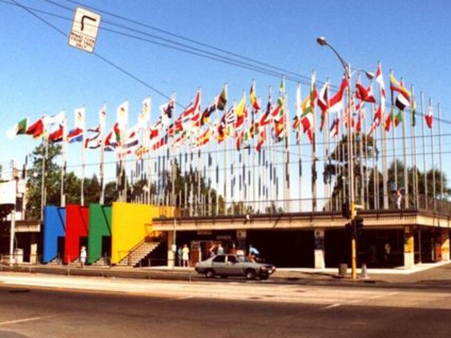 Flags and colours did little to add to the ugly square in the 1980s. Picture: HWT Library.