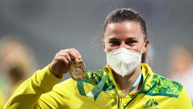 Tahlia McGrath poses after being presented with a Gold Medal during the Cricket T20 at the Birmingham 2022 Commonwealth Games. Photo: Ryan Pierse/Getty Images