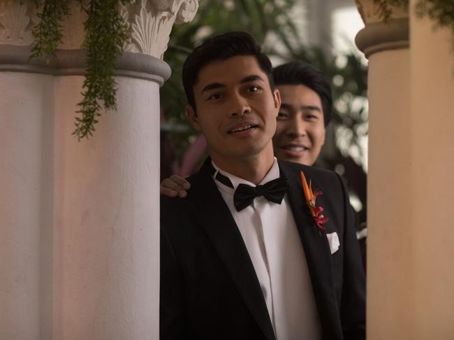 Pang as Colin (at rear) with best mate Nick in a scene from Crazy Rich Asians. Picture: Warner Bros