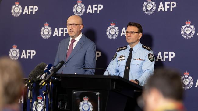 AFP Commissioner Reece Kershaw and ASIO Director-General Mike Burgess addressed the media. Picture: NewsWire Handout