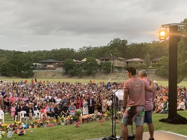 Hannah Clarke's brother Nathaniel and father Lloyd address the crowd at the vigil in Camp Hill. Picture: Tobias Jurss-Lewis