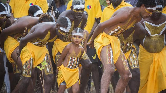 Young dancer Dhunumbu Mununggurr at the opening of the Garma festival in Arnhem Land yesterday. Picture: Melanie Faith Dove.