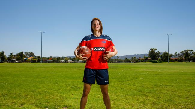 SA basketball great Jo Hill booted a goal in Norwood’s SANFLW win against Woodville-West Torrens on Friday. Picture: AAP/James Elsby