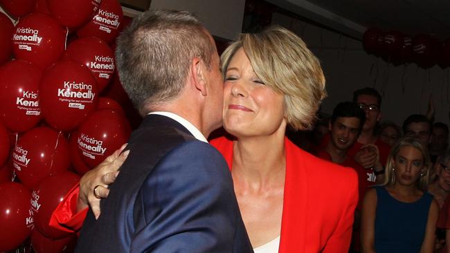 Ms Keneally embraces Leader of the Opposition Bill Shorten after conceding defeat. Picture: Ben Rushton