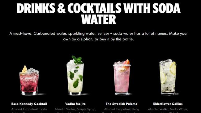 Absolut features more than 200 recipes for soda water based alcoholic drinks on its website. Picture: Supplied