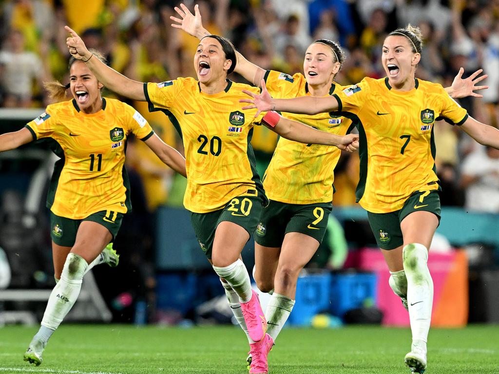 Mary Fowler, Sam Kerr, Caitlin Foord and Steph Catley celebrate the penalty shootout win against France. Picture: Bradley Kanaris/Getty Images