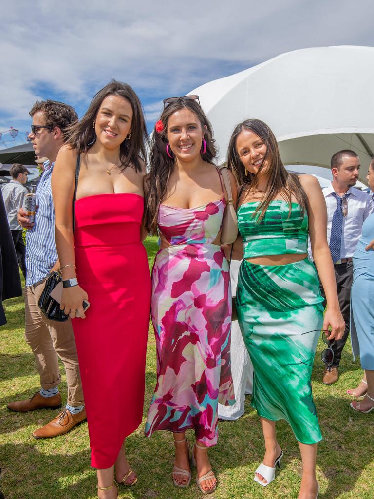 Kirsty McGinlay, Jordan Richards and Krissy Camera at the 2023 Adelaide Cup at Morphettville Racecourse. Picture: Ben Clark