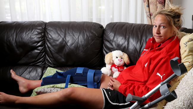 26/11/15 Marijana Rajcic the captain of the Lady Reds at her Windsor Gardens home who is ruled out for 12 months after rupturing her ACL for the third time. She will still support the Lady Reds at home v Sydney FC on Friday night. photo Calum Robertson