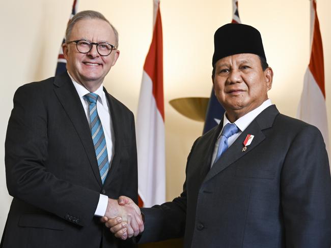 CANBERRA, Australia - NewsWire Photos - August 20, 2024:  Indonesian Defence Minister and President-elect Prabowo SubiantoÃ‚Â  is welcomed by Prime Minister Anthony Albanese at Parliament House in Canberra. Picture: NewsWire / Martin Ollman