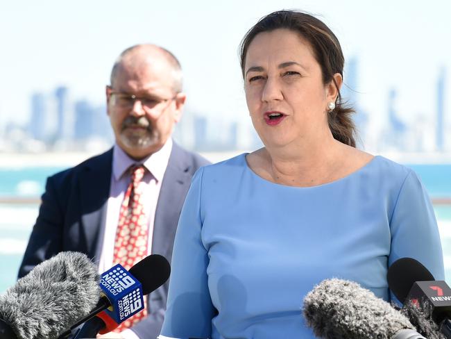 Premier Annastacia Palaszczuk speaks at a press conference in Burleigh Heads on Monday. (Photo by Matt Roberts/Getty Images)