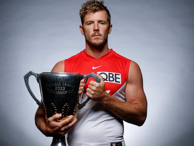 MELBOURNE, AUSTRALIA - MARCH 09: Luke Parker of the Swans is seen with the Premiership Cup during the 2023 AFL Captains Day at Marvel Stadium on March 09, 2023 in Melbourne, Australia. (Photo by Michael Willson/AFL Photos via Getty Images)