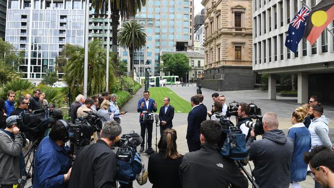 Premier Daniel Andrews and Deputy Premier James Merlino address the media this morning. Picture: AAP