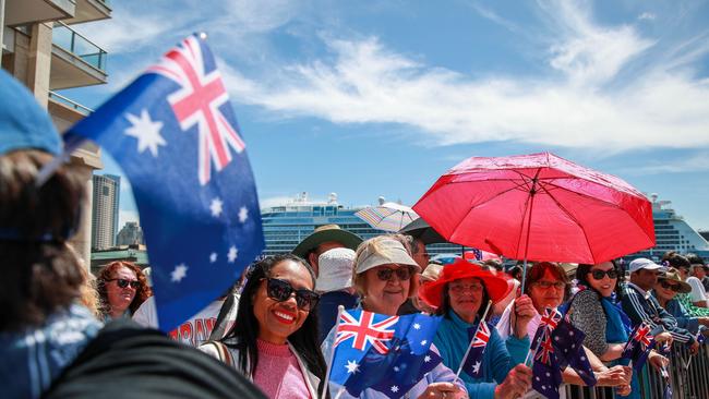 Members of the public gather outside Sydney Opera House prior to a visit from King Charles III and Queen Camilla at the Sydney Opera House. Picture:Roni Bintang/Getty Images