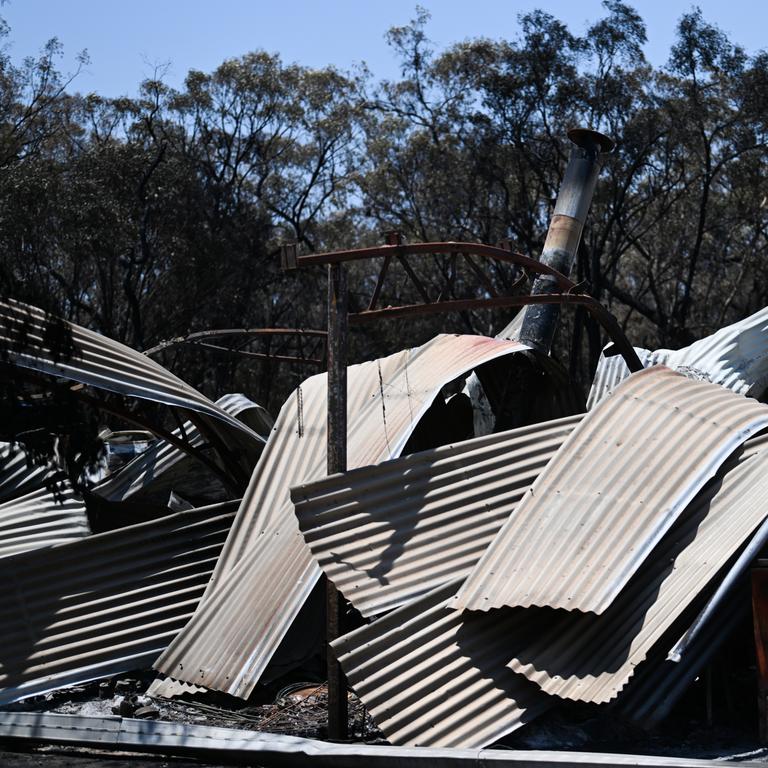 A property destroyed by a bushfire near Tara, Queensland, about 300 kilometres west of Brisbane. Fire fighters have been battling multiple bushfire in Queensland and NSW. Picture: NCA NewsWire / Dan Peled