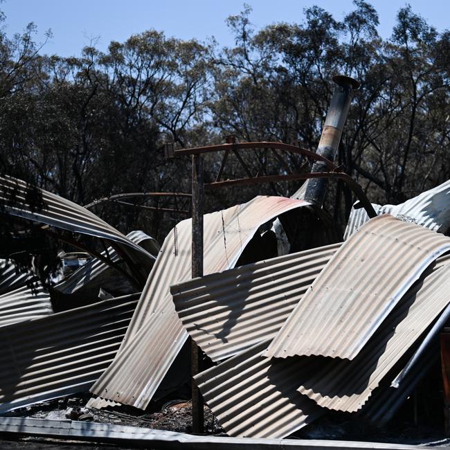A property destroyed by a bushfire near Tara, Queensland, about 300 kilometres west of Brisbane. Fire fighters have been battling multiple bushfire in Queensland and NSW. Picture: NCA NewsWire / Dan Peled