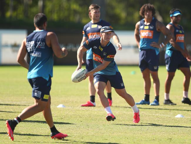 Tanah Boyd passes during a Gold Coast Titans NRL training session at the Titans High Performance Centre on May 25, 2020 in Gold Coast, Australia. (Photo by Chris Hyde/Getty Images)