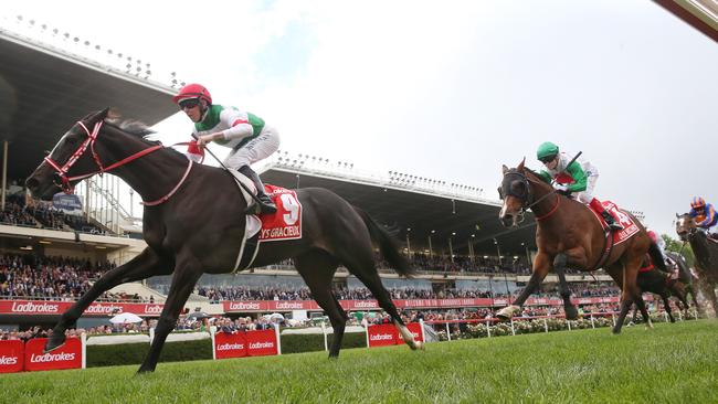 Lys Gracieux, ridden by Damian Lane, outclasses the field to win the Cox Plate. Pic: Micheal Klein