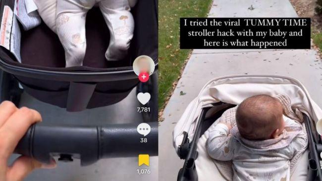 Baby in viral pram trend. Source: TikTok