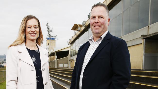 Labor leader, Rebecca White alongside President of the Royal Agricultural Society of Tasmania, Peter Spotswood as Labor launched their COVID-19 Recovery Package. Picture: ZAK SIMMONDS