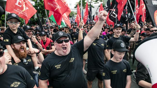 Union members march through Brisbane on Labour Day. Picture: Glenn Campbell/NewsWire
