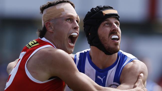 MELBOURNE , AUSTRALIA. March 3, 2024.  AFL. Community Cup series. St Kilda vs North Melbourne at RSEA Park, Moorabbin.  Rowan Marshall of the Saints and Tristan Xerri of the Kangaroos battle in the ruck     . Pic: Michael Klein